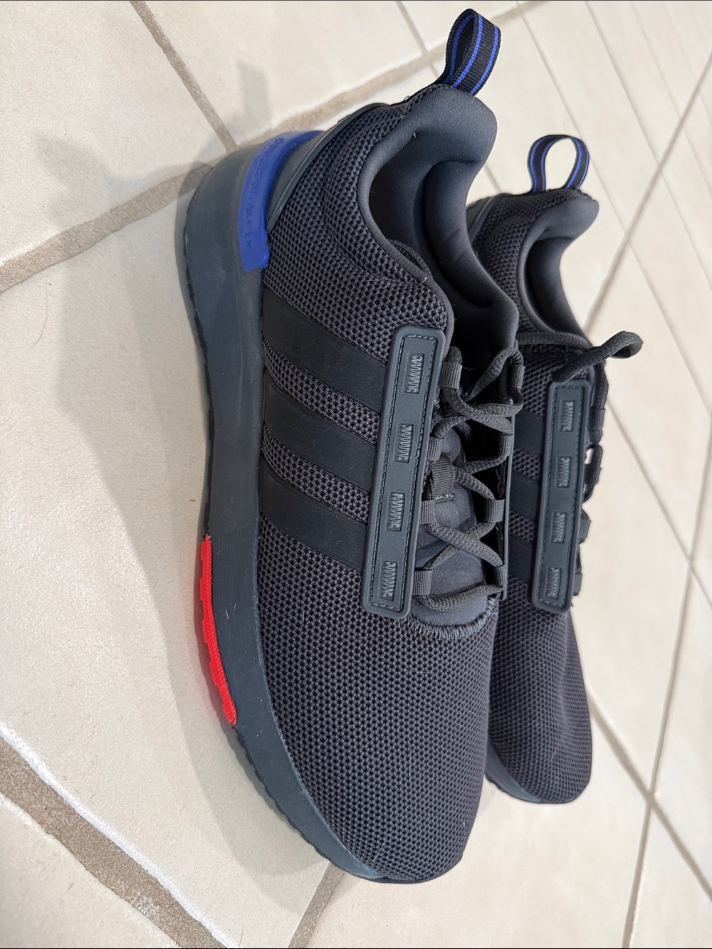 adidas Black Mesh Sneakers with Blue Heel and Red Outsole Accent